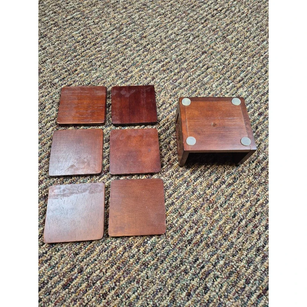 Vintage Wood and Woven Rattan Coaster‎ Set w Matching Holder 6 Piece Boho Decor